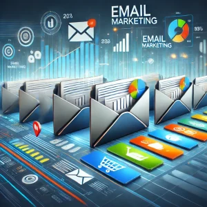 "What is Email Marketing? Illustration showing email marketing with an inbox and marketing-related icons like shopping carts, graphs, and engagement symbols."