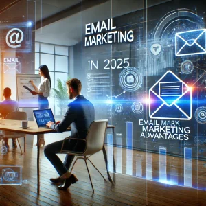 A modern digital marketing office scene with professionals working on email marketing campaigns, analyzing data on laptops, and discussing email marketing strategies. The office includes charts, graphs, and a whiteboard highlighting 'Email Marketing Advantages' for 2025.