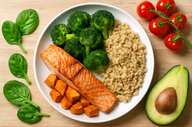 Top view of a healthy low glycemic meal plate with grilled salmon, quinoa, and vegetables from a 30-day low glycemic diet menu.