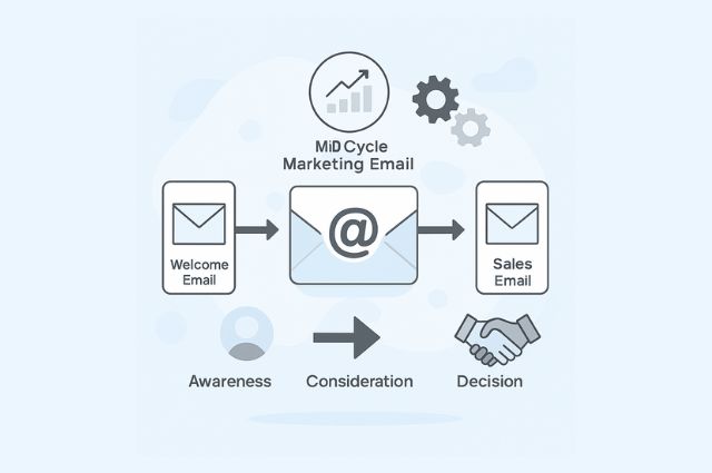 Flat-design infographic explaining mid-cycle email marketing with points like cost-effectiveness, targeting, and engagement. 