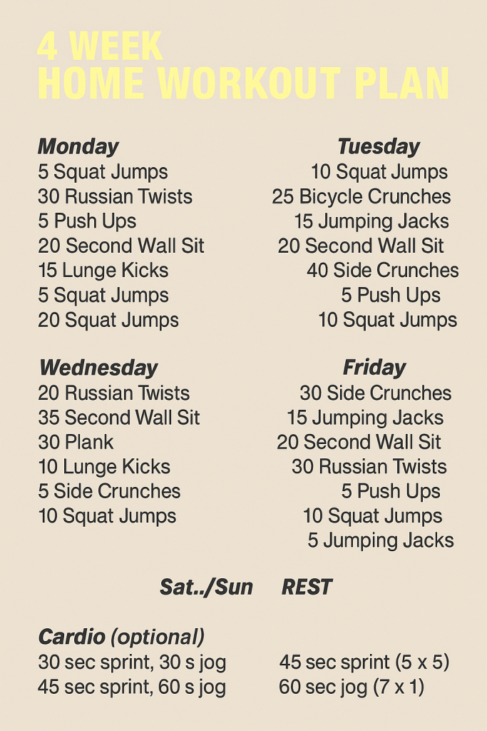 Printable 4 Week Workout Plan at Home chart for beginners with daily full body exercises like squats, lunges, planks, and optional cardio – no equipment needed.