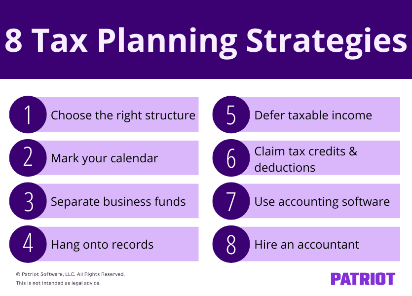 An infographic titled "8 Tax Planning Strategies" listing eight points: 1) Choose the right structure, 2) Mark your calendar, 3) Separate business funds, 4) Hang onto records, 5) Defer taxable income, 6) Claim tax credits & deductions, 7) Use accounting software, and 8) Hire an accountant.