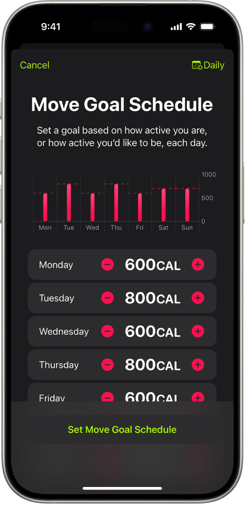 A mobile phone screen displaying a "Move Goal Schedule" feature, showing daily calorie targets (e.g., 600 CAL, 800 CAL) for each day of the week, which helps in tracking progress for personalized home workout plans.