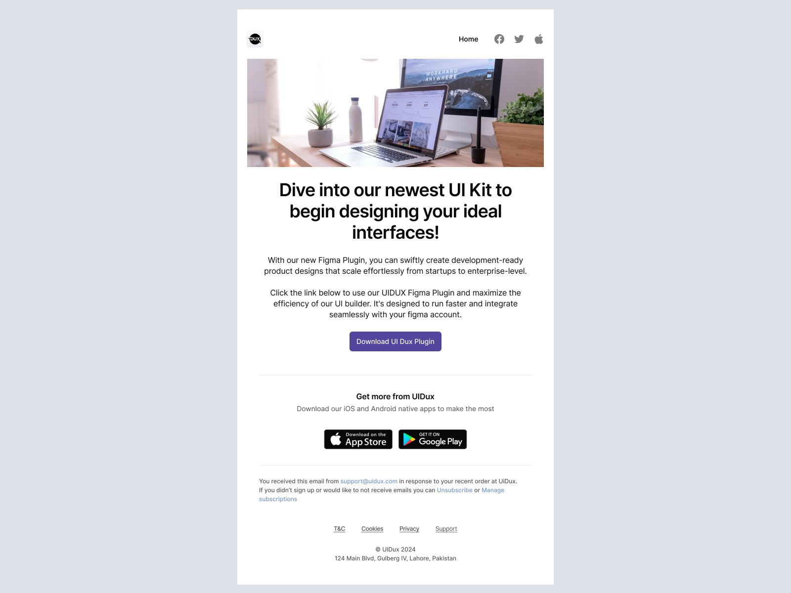 An email showcasing a new UI Kit, perfect for an Email Campaign On iOS, with links to App Store and Google Play.