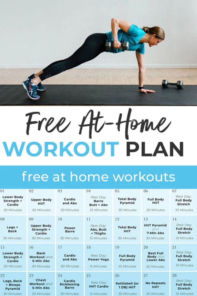 A detailed free at-home workout plan for a 30-Day Muscle Building Workout Plan at Home. The image shows a woman performing a plank with a dumbbell, and below is a 21-day workout schedule featuring sessions for lower body strength, upper body HIIT, cardio, core, and other exercises, with specified durations.