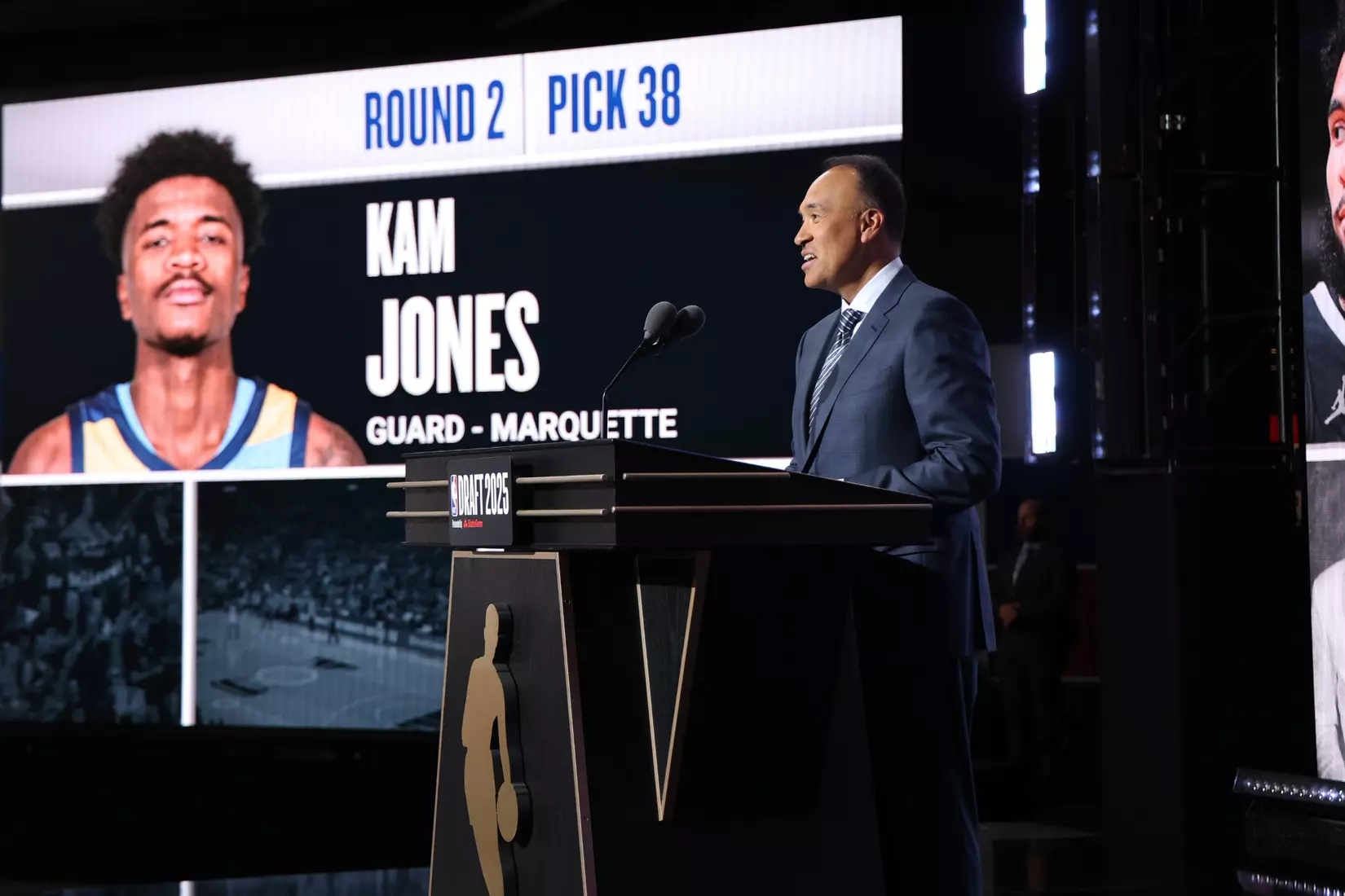 “NBA official announces draft pick during 2025 NBA Draft as Kam Jones appears on screen, highlighting how Americans get news on social media through real-time sports updates.”