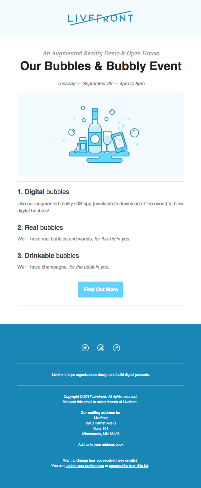 Livefront's promotional email for an Augmented Reality event, demonstrating an effective Email Campaign On iOS.