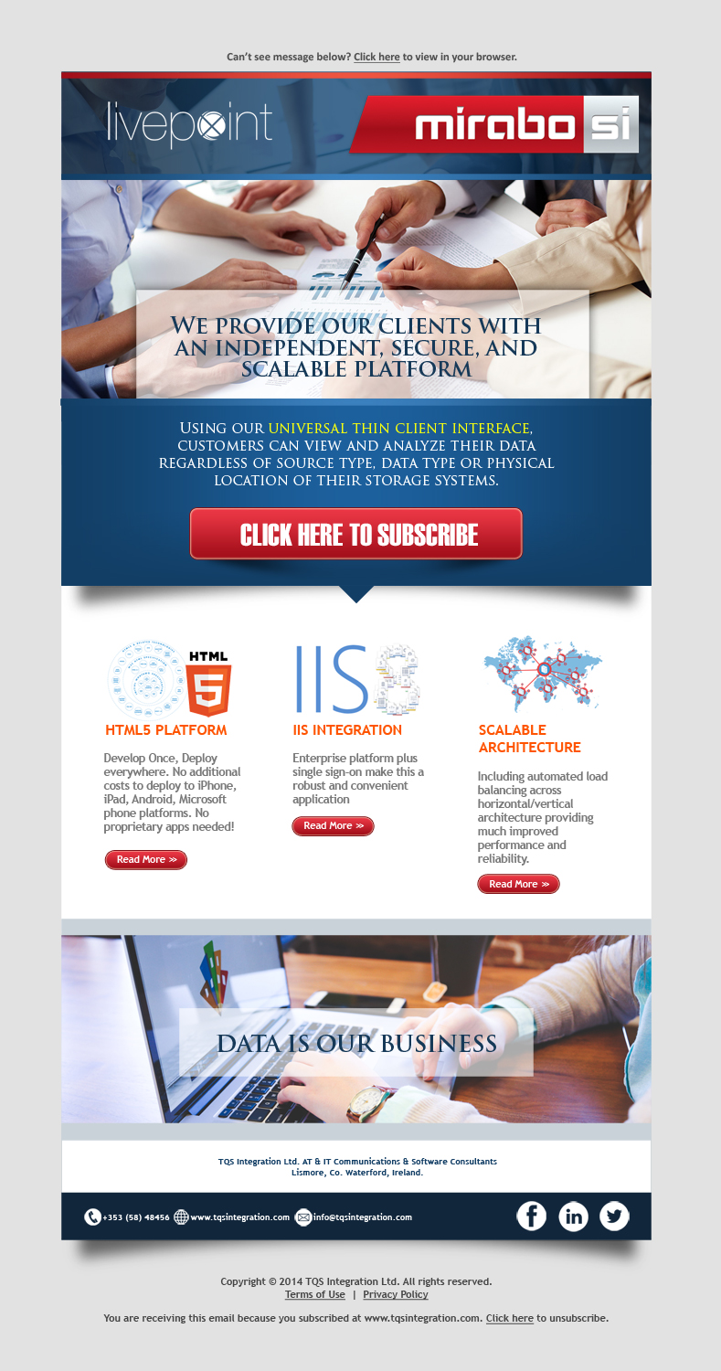 A full view of an email campaign promoting a data management platform, designed to be viewed on an Android device.
