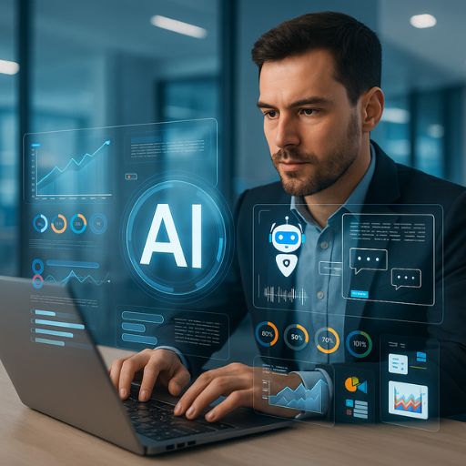 "A man in a suit working on a laptop with floating AI-based data charts, chatbot icons, and analytics graphs in a modern office setting."