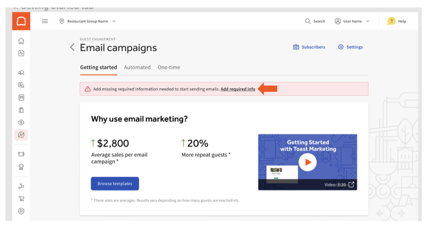 A screenshot of an email marketing dashboard showing "Email campaigns" with a warning "Add missing required information needed to start sending emails. Add required info".