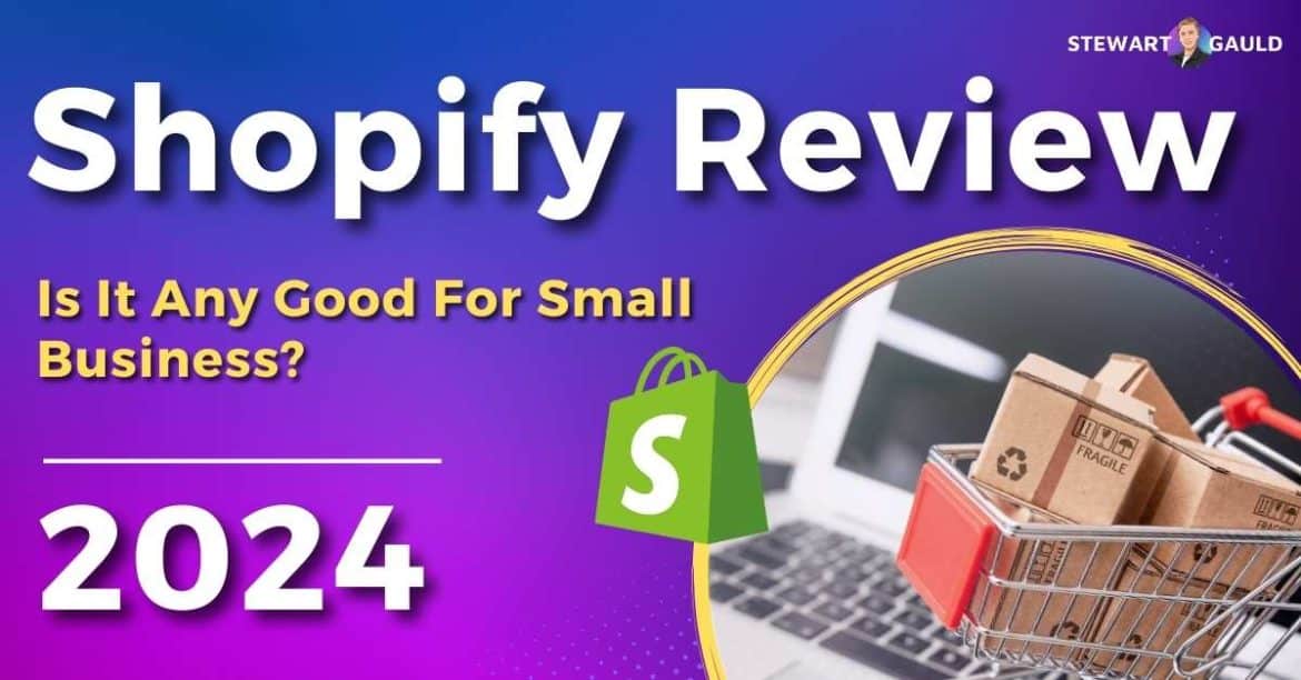 An image illustrating a Shopify Starter plan review, suitable for small businesses, featuring product displays and a shopping cart icon.