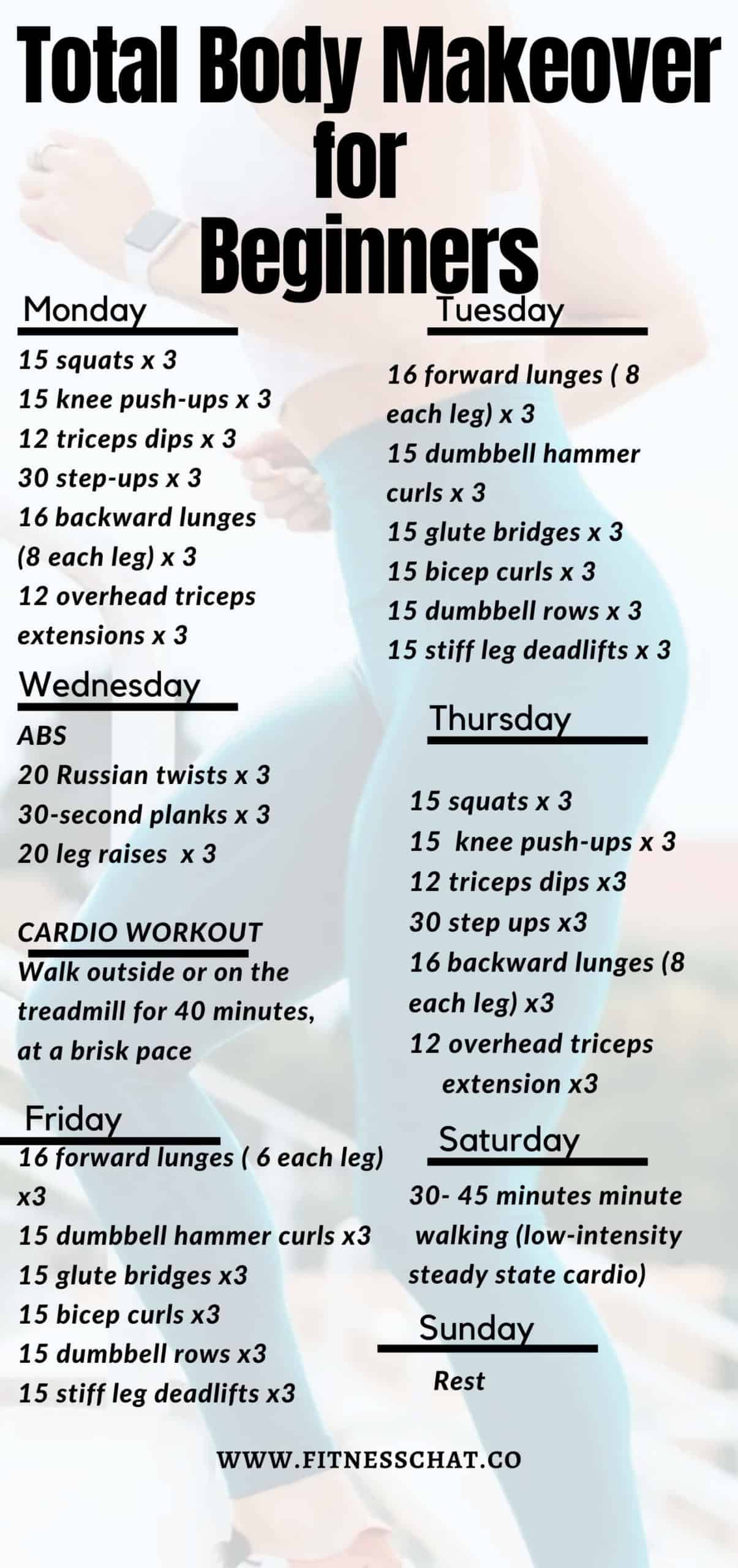Weekly at-home workout plan for beginners, showing a schedule with cardio, strength training, and core exercises.