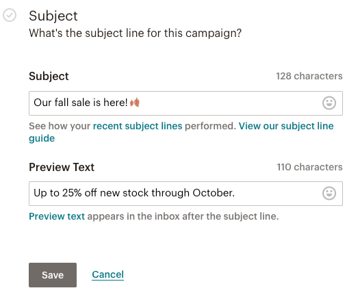 A screenshot showing an email campaign setup with fields for "Subject" (Our fall sale is here!) and "Preview Text" (Up to 25% off new stock through October.), focusing on Emails Subject Preview:.