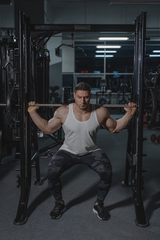 A muscular man in a white tank top and camouflage pants performing squats with a barbell on a Smith machine in a modern gym.