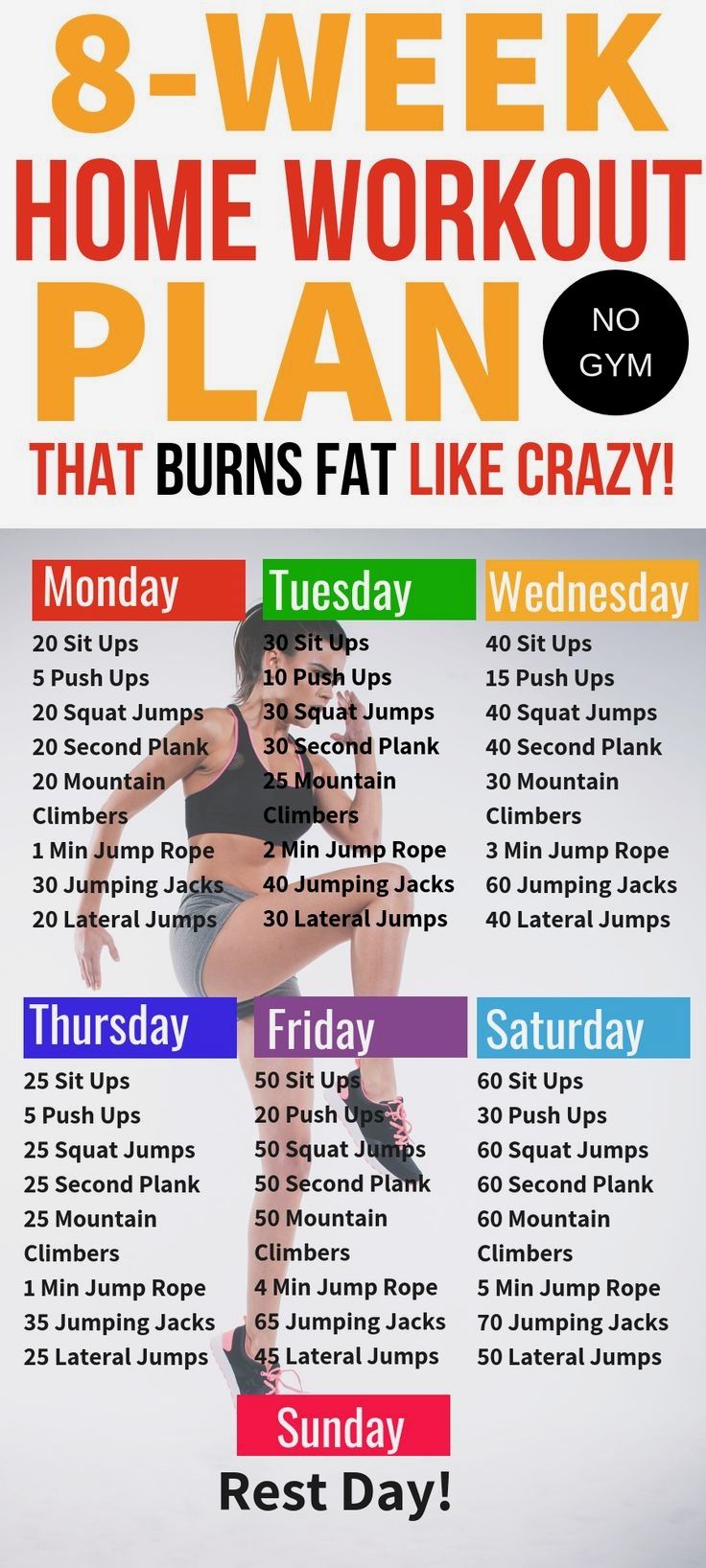 An 8-week home workout plan designed to burn fat, featuring a weekly schedule of daily exercises including sit-ups, push-ups, squat jumps, and cardio. Sunday is designated as a rest day.