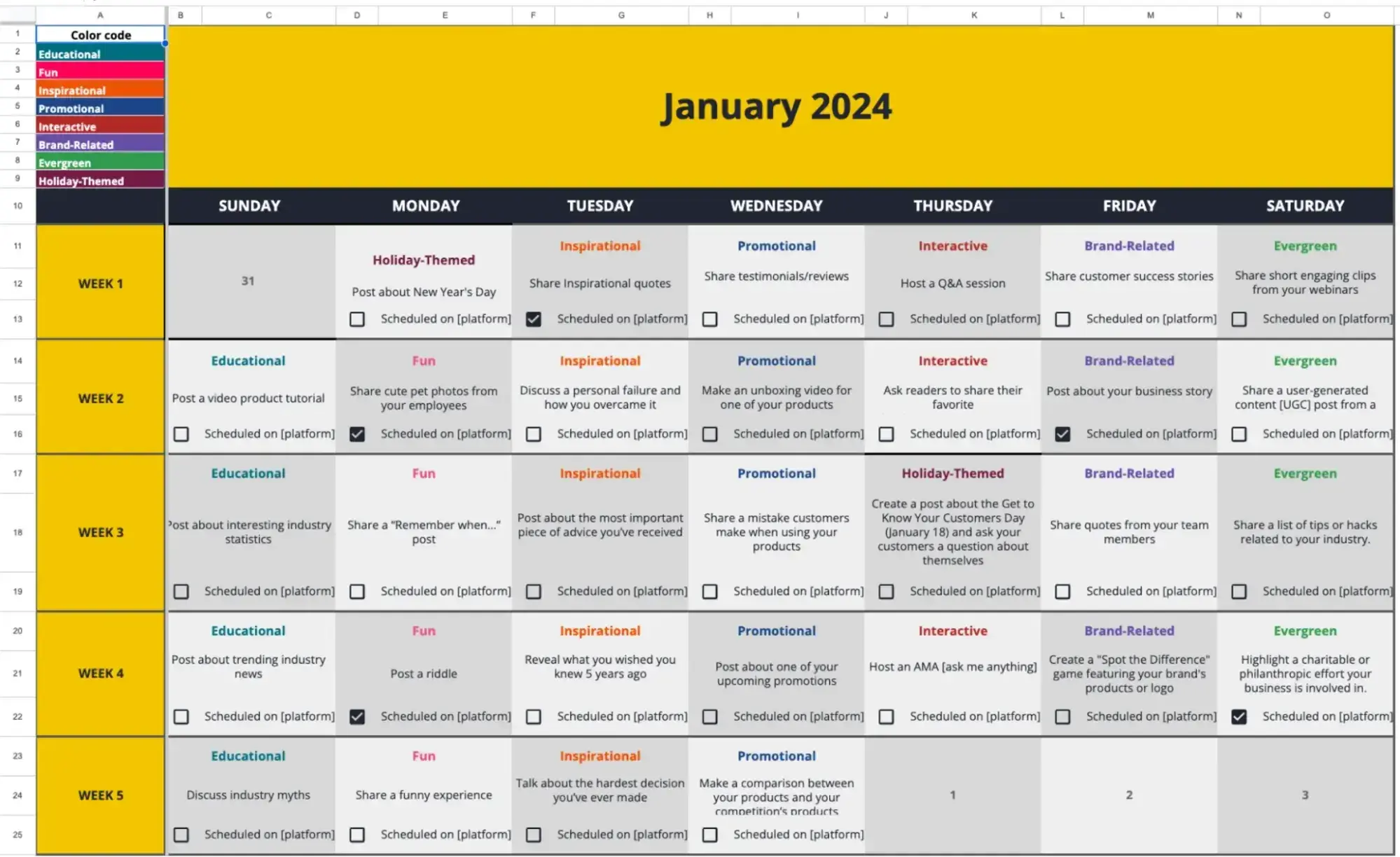 A detailed social media publishing schedule template for January 2024 displayed in a spreadsheet format, outlining daily content themes (Educational, Fun, Inspirational, Promotional, Interactive, Brand-Related, Evergreen, Holiday-Themed) across five weeks, with checkboxes for scheduling on specific platforms.