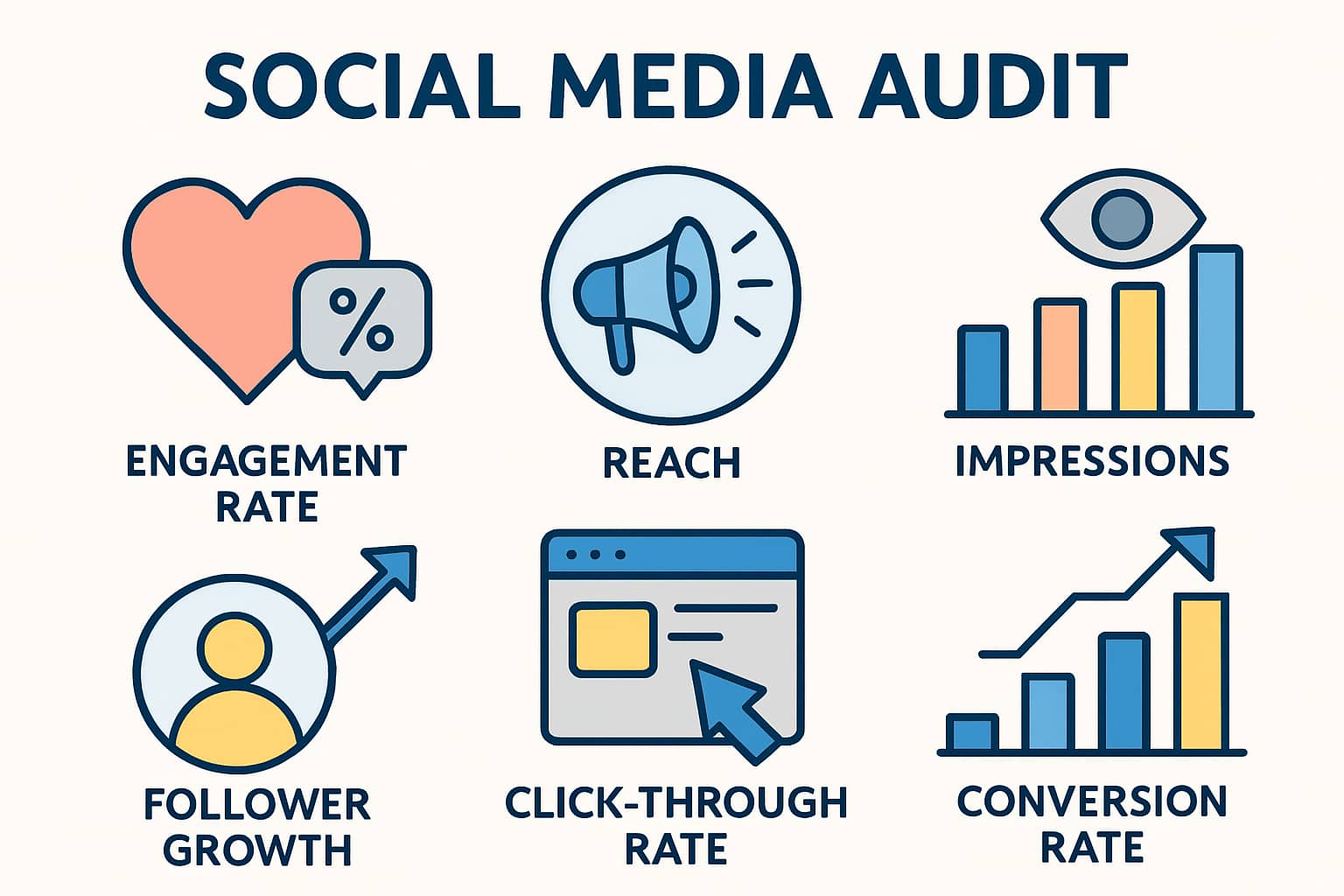 An infographic showing key metrics for a social media audit for digital strategy, including engagement rate, reach, impressions, follower growth, click-through rate, and conversion rate.