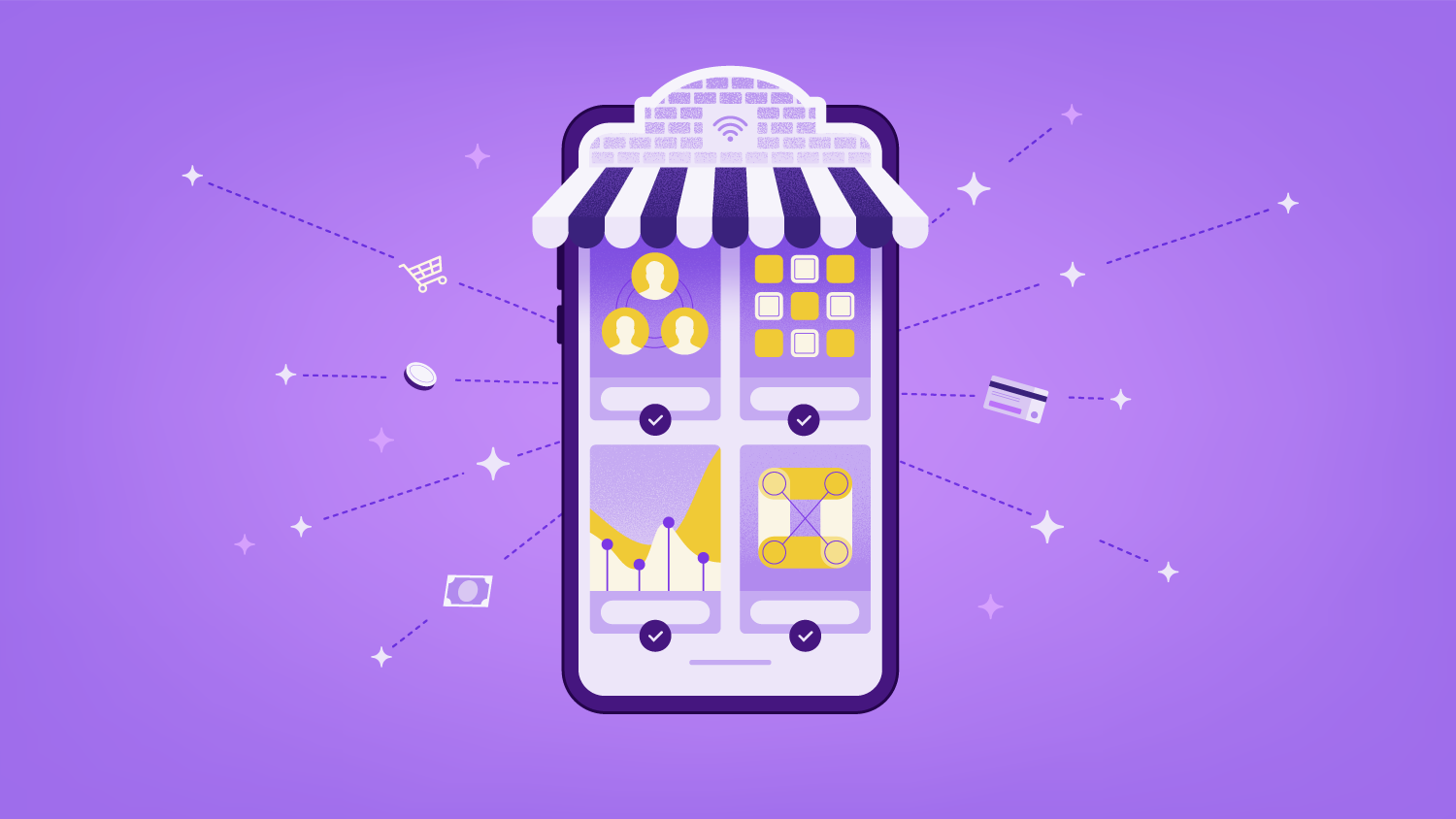 A mobile e-commerce platform showing a digital storefront with analytics and social profiles, symbolizing the integration of digital marketing strategies for online business.