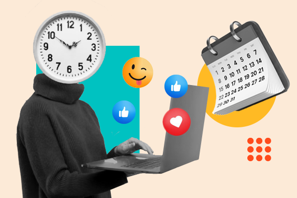 Abstract digital illustration depicting a person with a clock for a head using a laptop surrounded by social media like, heart, wink emojis, and a calendar, representing the importance of a strategic social media publishing schedule.