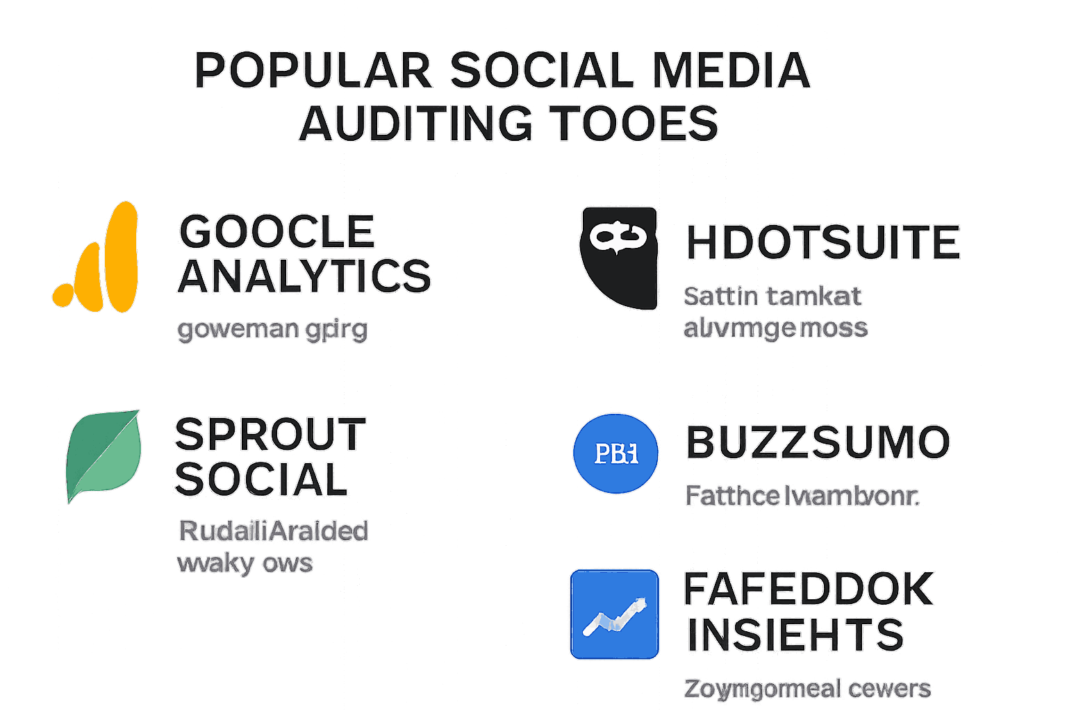An image showing a flowchart of a social media audit for digital strategy, with icons representing different platforms and data analysis.