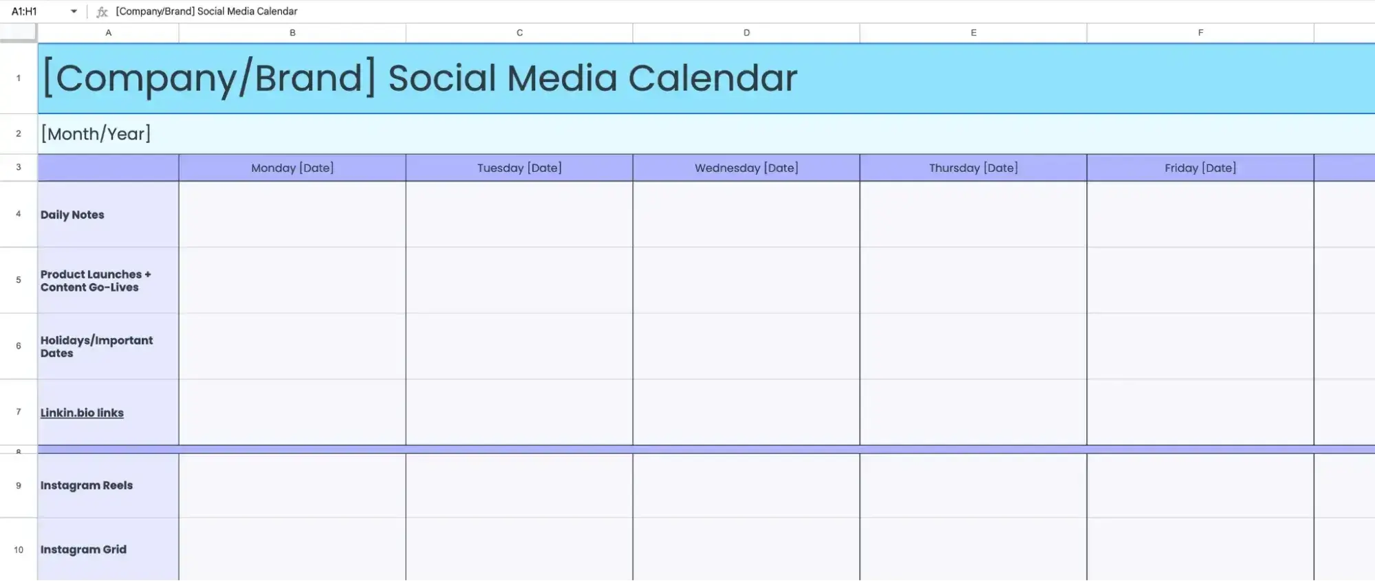  blank social media publishing schedule template displayed in a spreadsheet, designed for planning daily notes, product launches, holidays, bio links, Instagram Reels, and Instagram Grid content across Monday to Friday.