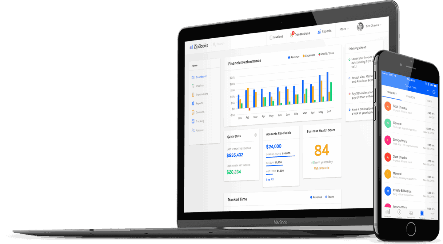 A MacBook laptop and an iPhone displaying the dashboard and mobile interface of ZipBooks free accounting software, showcasing financial performance, invoicing, and time tracking features.