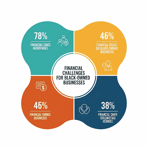 A radial chart showing the actions taken by Black-owned business owners to address financial challenges in 2020. The chart indicates that 74% tapped into personal funds, 53% cut staff or hours, 36% took out debt, and 43% obtained funds through grants, crowdsourcing, or donations.