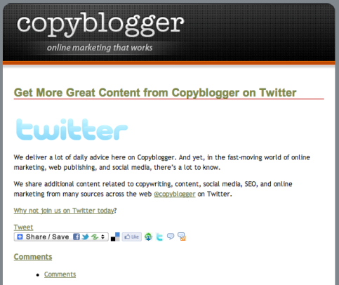 djw copyblogger dedicated email campaign asking to follow on twitter 2